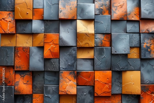 Abstract orange and black geometric pattern, resembling a textured wall with square tiles in a dynamic arrangement.