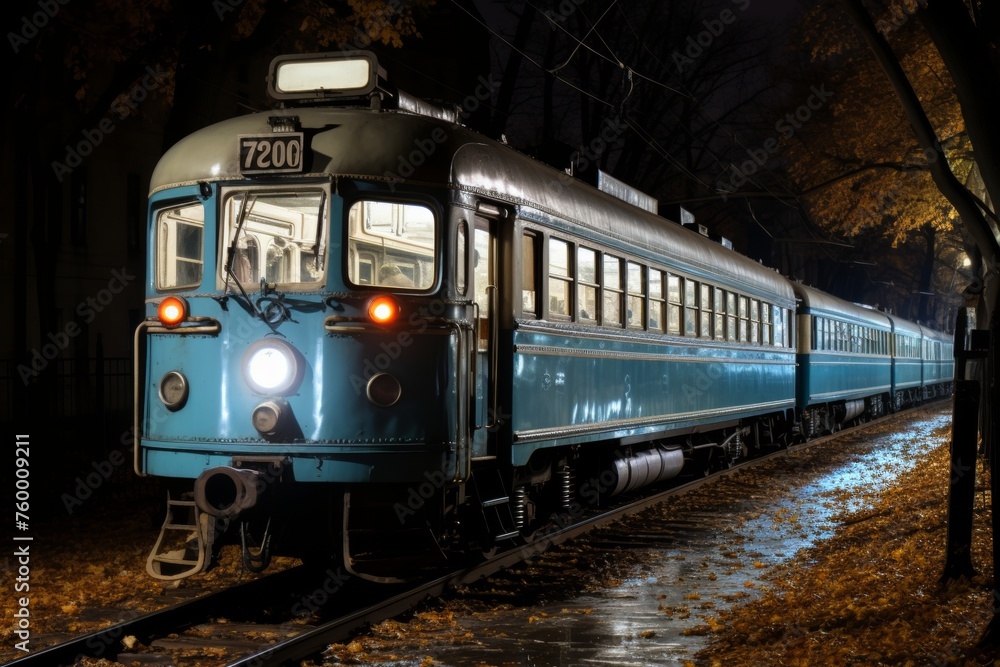 Fototapeta premium Illuminated train in the late hours of the day