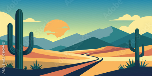Vibrant flat illustration of a desert landscape at sunset, featuring cacti and a curving road. Festive poster, mexican background, Mexico backdrop for festival Cinco de mayo