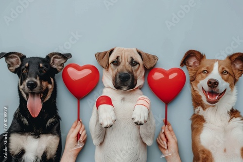 Happy dogs and human hands with heart-shaped IV drips. Conceptual illustration of blood donation for animals, blood transfusion in pets, life insurance, veterinary medicine. photo
