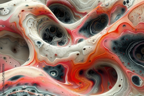 Macro shot of a fluid abstract pattern with swirling pink, orange, and gray, and bubble-like details.