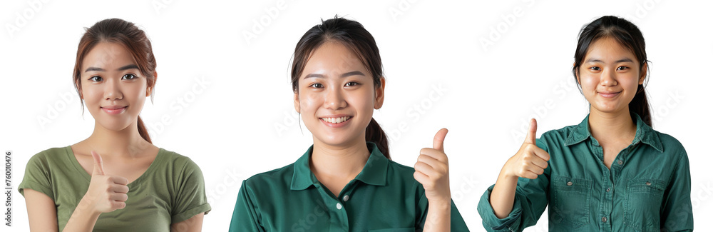 Portrait Collection of asian woman in green shirt with thumbs-up pose isolated on a white background as transparent PNG
Portrait Collection of asian woman in green shirt with thumbs-up pose isolated on a white background as transparent PNG