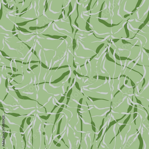 Seamless abstract textured pattern. Simple background with green, dark green, white texture. Digital brush strokes. Lines. Design for textile fabrics, wrapping paper, background, wallpaper, cover.