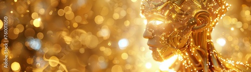Golden digital art portrait with glittering facets - A face sculpted in golden digital facets shines amidst a bokeh of glittering lights, embodying innovation