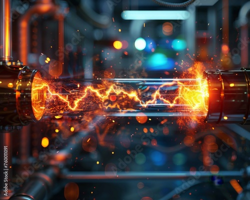 High-tech energy pipe with orange plasma - Futuristic energy tube with orange glowing lights, sparks, and plasma, symbolizing power, innovation, and technology © Mickey