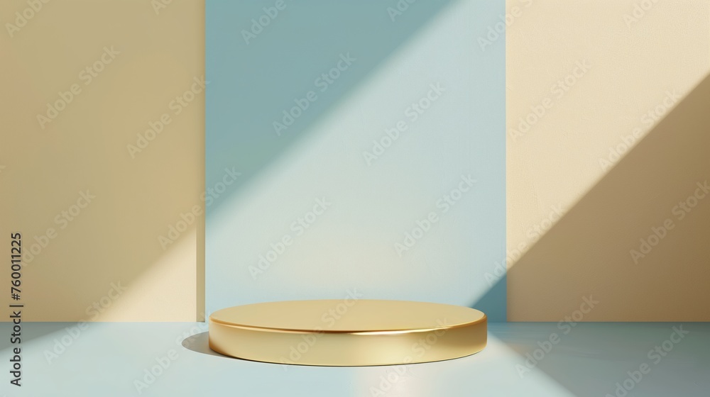 A simple one layer podium for e-comerce. Minimalism, beige, gold, light blue, vibrant colouring. Generated by artificial intelligence. A simple one layer podium for e-comerce. Minimalism, beige, gold, light blue, vibrant colouring. Generated by artificial intelligence.