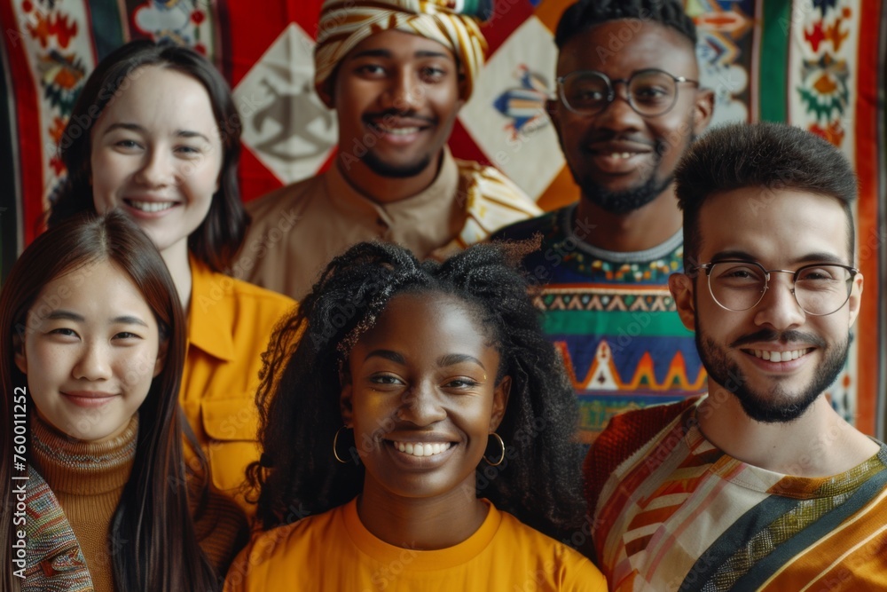 Multiethnic group smiling and embracing - A cheerful multiethnic group of individuals smiling together in traditional and modern attire