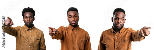 Portrait Collection of black man in brown shirt with pointing hand pose isolated on a white background as transparent PNG
 photo