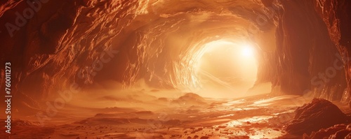 Mysterious Glowing Cave on Alien Planet - A breathtaking vast cave on an alien planet with a warm glowing light creating a sense of exploration and otherworldly mystery photo