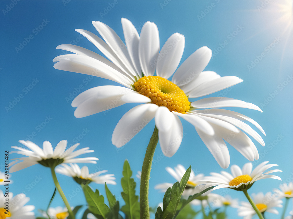 Skyward Grace: A delicate daisy, its white petals a stark contrast against the clear blue sky, reaches for the sun, embodying nature's simple elegance. generative AI
