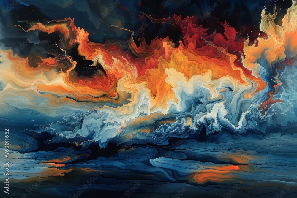 Vibrant abstract painting with swirling patterns of orange, red, and blue suggesting tumultuous natural phenomena.