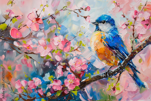 Beautiful birds in cherry blossoms sing about spring. Oil painting with large strokes, and delicate colours. Background, wallpaper, card, invitation, banner, poster, flyer.  © SunnyCat