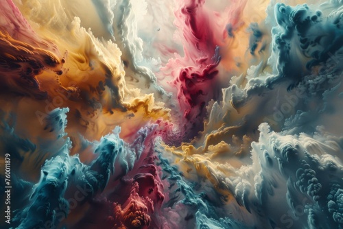 A dynamic abstract painting resembling a swirling storm with rich textures and a blend of cool and warm tones. photo