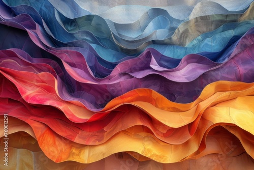 Waves of colorful layers resembling a topographic map with rich, warm hues transitioning to cool tones.