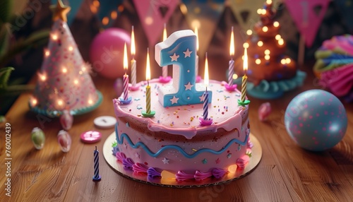 a beautiful birthday cake on the table with the big-sized number "1" written on top of the cake and burning candles around it with birthday decorations in the background slightly blurred.