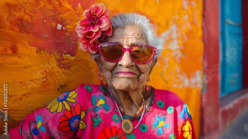 Cheerful senior woman in front of a painted wall