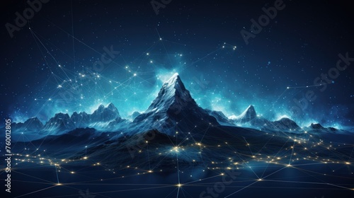 Illustrate the abstract resilience of IT systems, with digital mountains representing the strength to withstand challenges