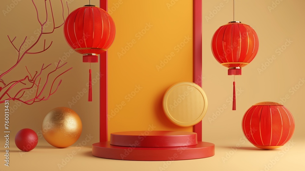 A circular podium on a light yellow background, Chinese New Year Elements, textured compositions, Chinese New Year Theme, red and gold. Generated by artificial intelligence. A circular podium on a light yellow background, Chinese New Year Elements, textured compositions, Chinese New Year Theme, red and gold. Generated by artificial intelligence.
