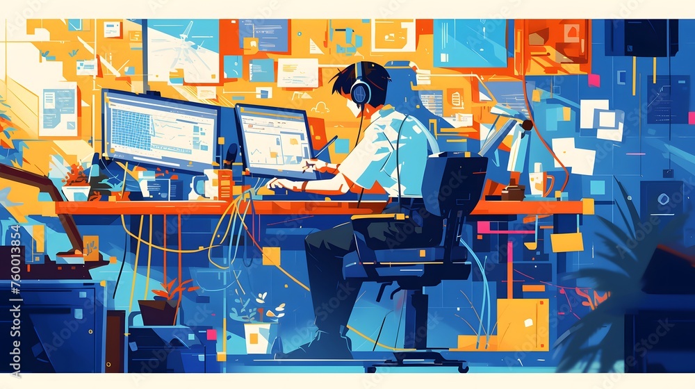 Illustration of a person working hard in front of the computer. Depict a full of tasks environment. Illustration of a person working hard in front of the computer. Depict a full of tasks environment.