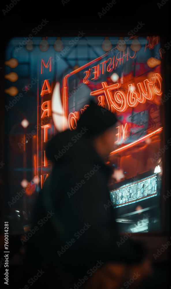 colorful neon in the night with silhouette of  person