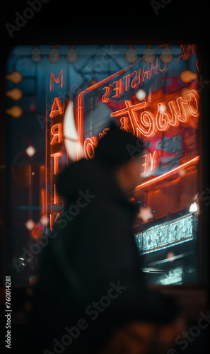 colorful neon in the night with silhouette of person