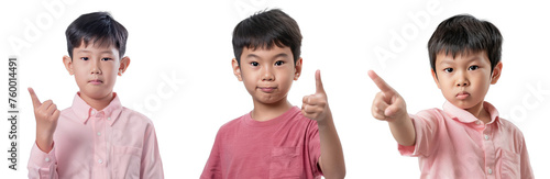 Portrait Collection of young asian boy in pink shirt with pointing finger hand pose isolated on a white background as transparent PNG 