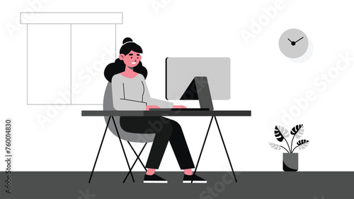 Female web designer programmer coder support call center at workplace background template mockup concept flat.