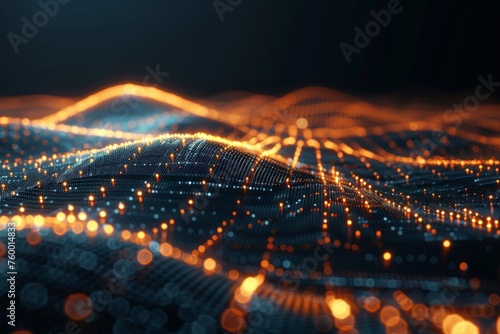 Digital landscape of a dynamic data wave with illuminated orange nodes on a dark grid, symbolizing network connectivity.