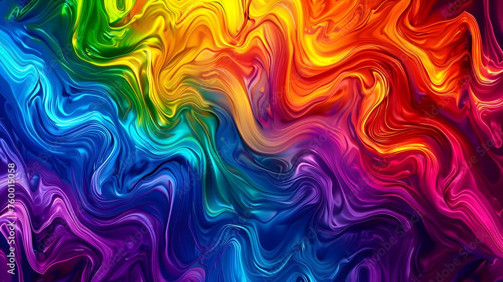 Vibrant waves of rainbow fractal tie dye melting colors flow and morph with high contrast lines, shaping an abstract composition that pulsates with 