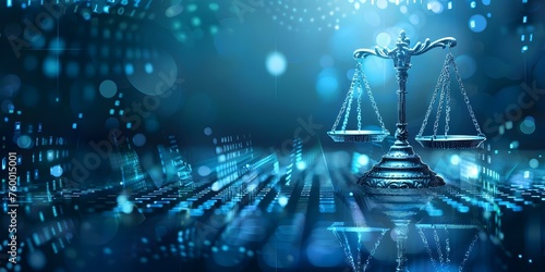 Futuristic digital scales of justice in front of data network background. Concept Law and Technology, Digital Justice, Data Network, Futuristic Scales, Legal Innovation
