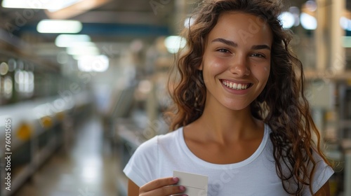 Woman showing employee ID card