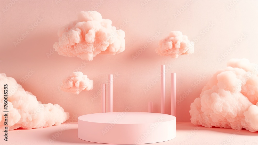 A podium with clouds floating above it. The background is light color, a soft and gentle atmosphere. Ensure that there should be no shadows at all. Generated by artificial intelligence. A podium with clouds floating above it. The background is light color, a soft and gentle atmosphere. Ensure that there should be no shadows at all. Generated by artificial intelligence.