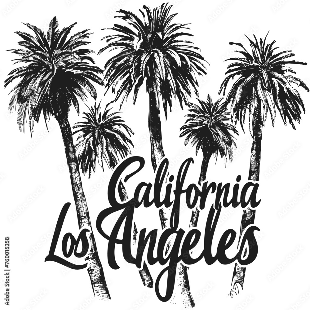 Hand drawn vector illustration with palm trees and hand lettering. Vintage typography poster.