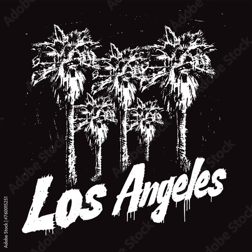 Hand drawn vector illustration with palm trees and the words Los Angeles.