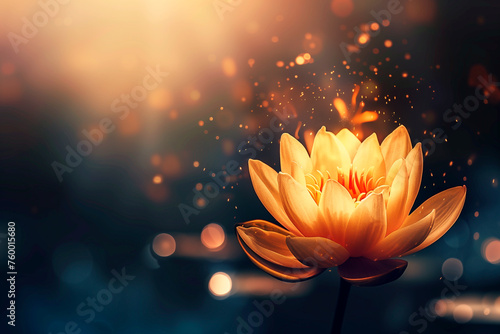 Opened lotus with golden petals, on a dark background with bokeh, free space for text, Vesak day