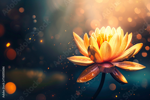 Opened lotus with golden petals, on a dark background with bokeh, free space for text, Vesak day