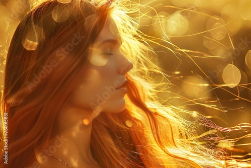 Eine göttliche, schöne Frau mit langen Haaren und geschlossenen Augen im goldenen Sonnenlicht