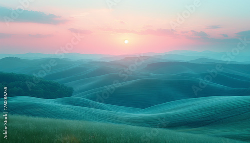 A serene landscape of gentle rolling hills under a pastel sunset, with a texture reminiscent of soft fabric folds