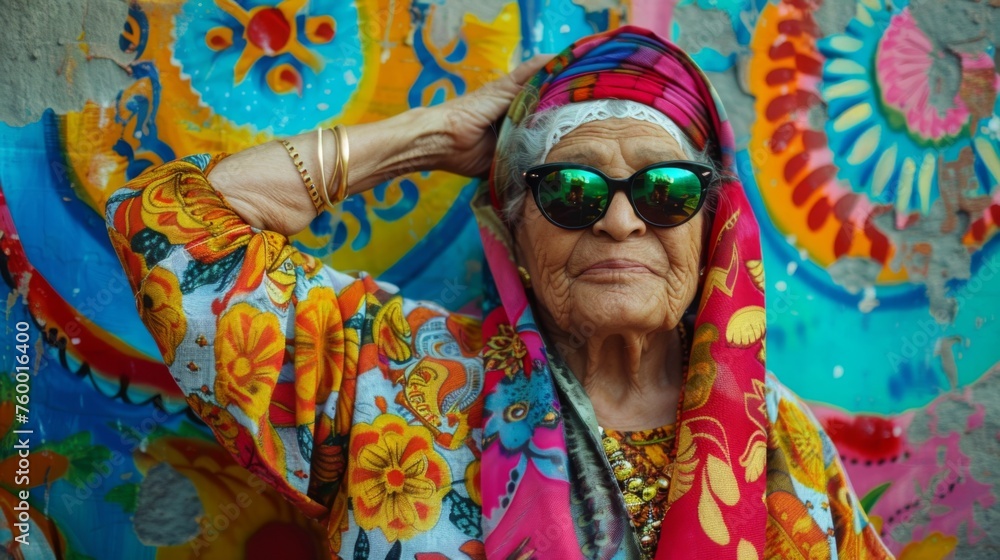 Obraz premium Cheerful senior woman in front of a painted wall