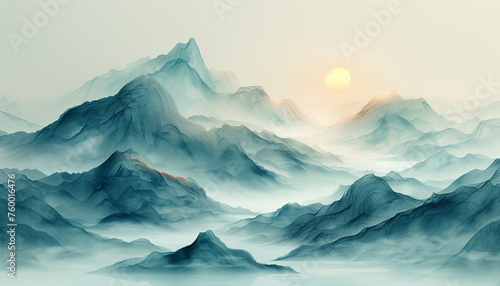 minimalistic abstract landscape that subtly suggests mountains and valleys using only geometric shapes and lines.  © Allan
