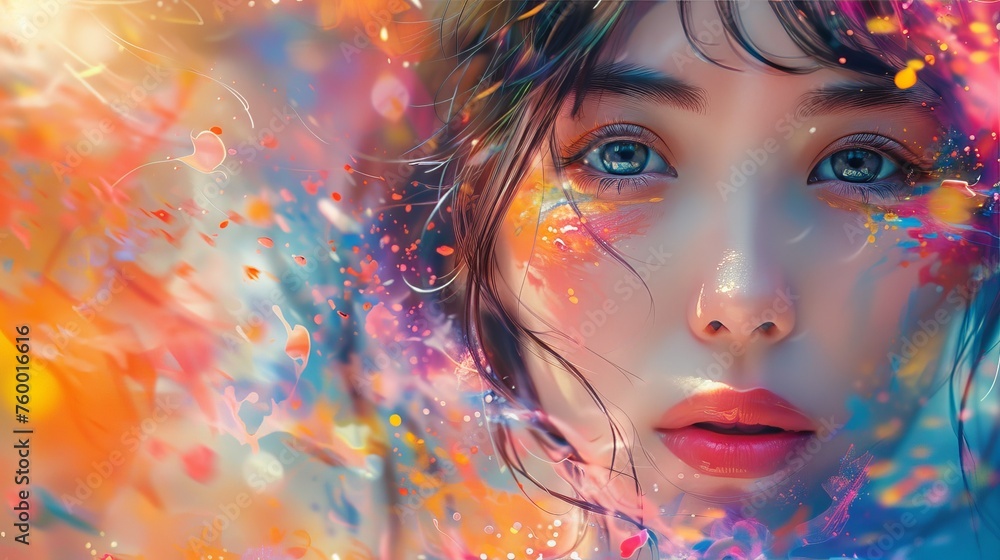 Attractive Japanese girl painting vibrant abstract art