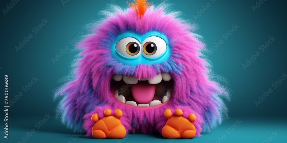 Funny cartoon monster with pink fur and paws. 3d rendering