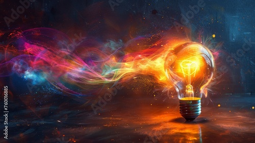 Bright light bulb with swirling, colorful energy