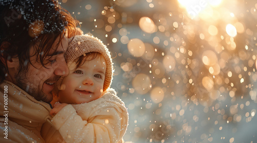 Father and child in glowing bokeh, warm glow. close-up of a tender moment of mutual admiration and love. Concept: fatherhood and family values, parental care, products for children and family service