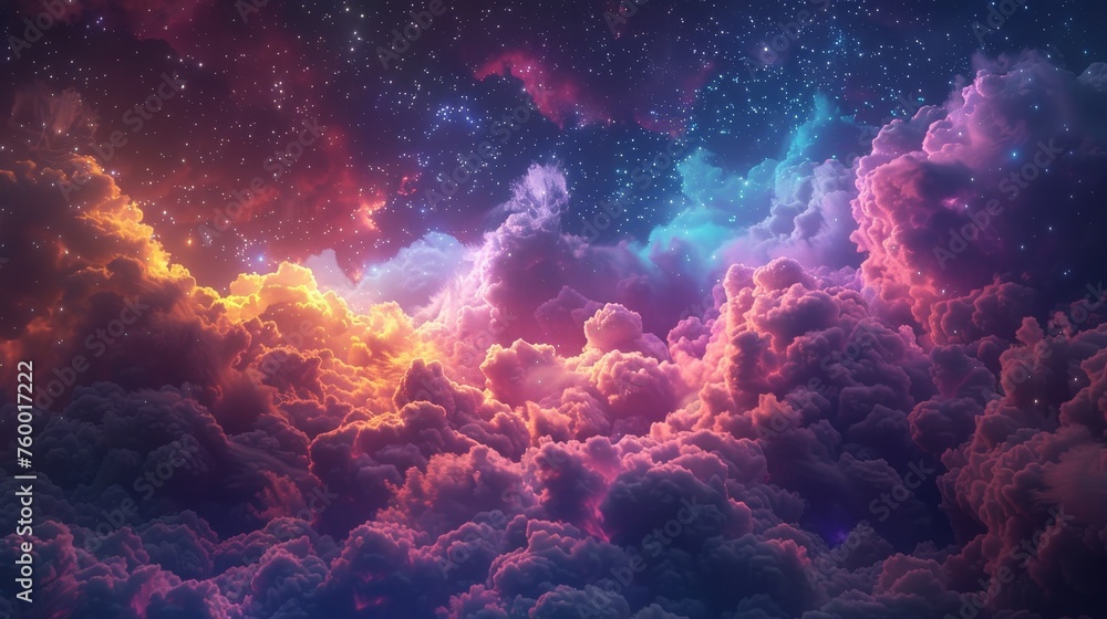 Celestial beauty depicted through colorful clouds and glowing stars in night sky Celestial beauty depicted through colorful clouds and glowing stars in night sky