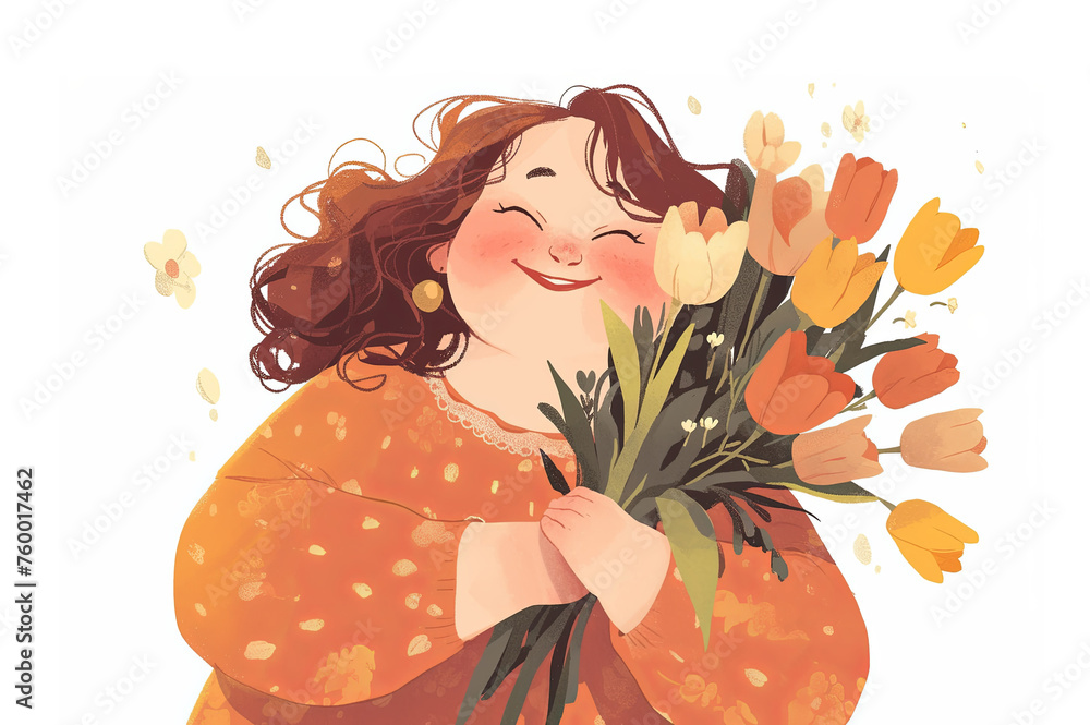 An illustration of plus size woman with flowers.
