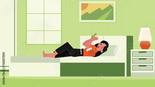Woman character with phone nightmare lying in bed at night bedroom background. Sleepless female sick blanket person bedding awake with dark tired sadness face cartoon vector illustration