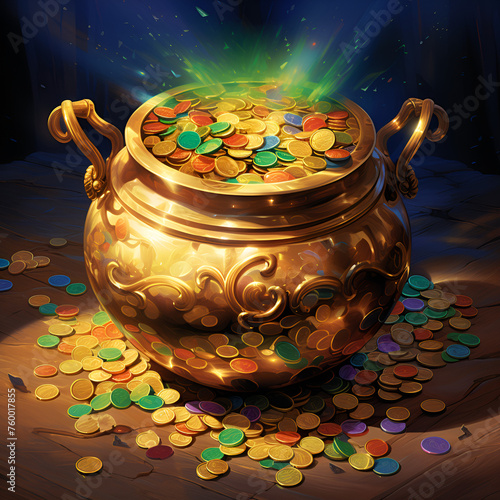 Pot full of gold coins, situated in a forest, with light filtering through the foliage, casting an enchanting glow that illuminates the coins and pot. Gen AI