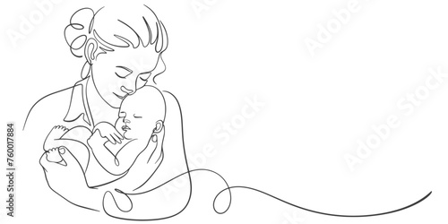 Mother and baby line art. Mom hugs child. Motherhood and newborn concept. Happy mother line vector illustration. Parent loving kid, happy mother day design for card