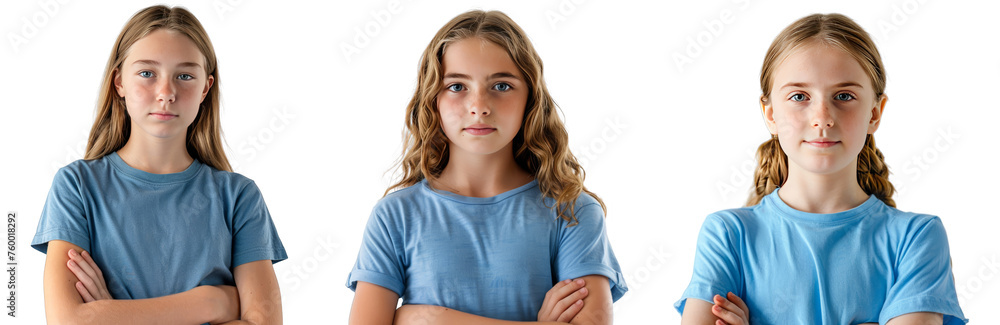Portrait Collection of young white girl in blue shirt with crossed arms pose isolated on a white background as transparent PNG
Portrait Collection of young white girl in blue shirt with crossed arms pose isolated on a white background as transparent PNG